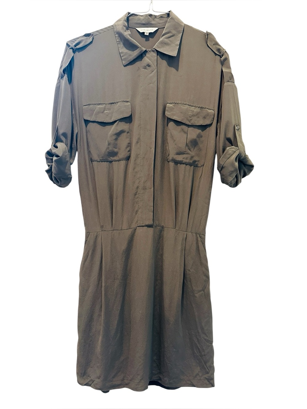 Carablue Women 100% Mulberry Silk 3/4 Sleeve Utility Shirt Midi Dress Olive S